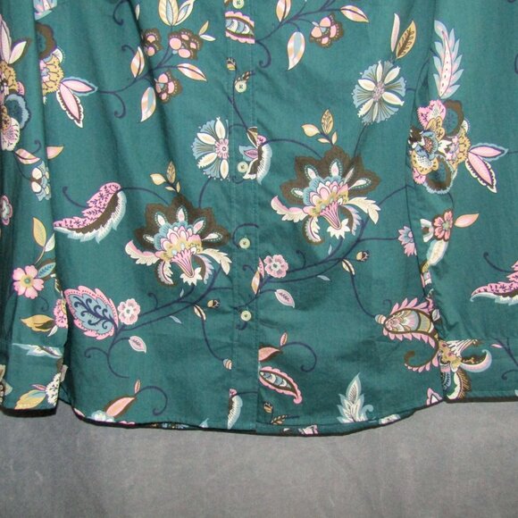 Talbots Teal Green Floral Button Front Top Womens Size M Cotton Long Sleeve - Picture 4 of 8